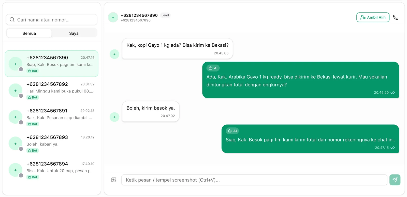 Zafi Chatbot, kotak masuk WhatsApp: daftar percakapan pelanggan dan balasan bot untuk pertanyaan kopi Gayo pukul 20.45
